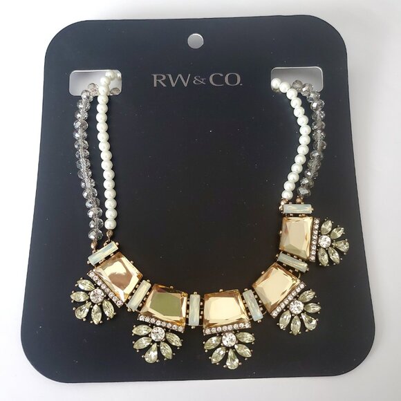 NEW RW&CO Statement Necklace Gold Faux Stones Pearly Beads Florals Bib Choker - Picture 2 of 6